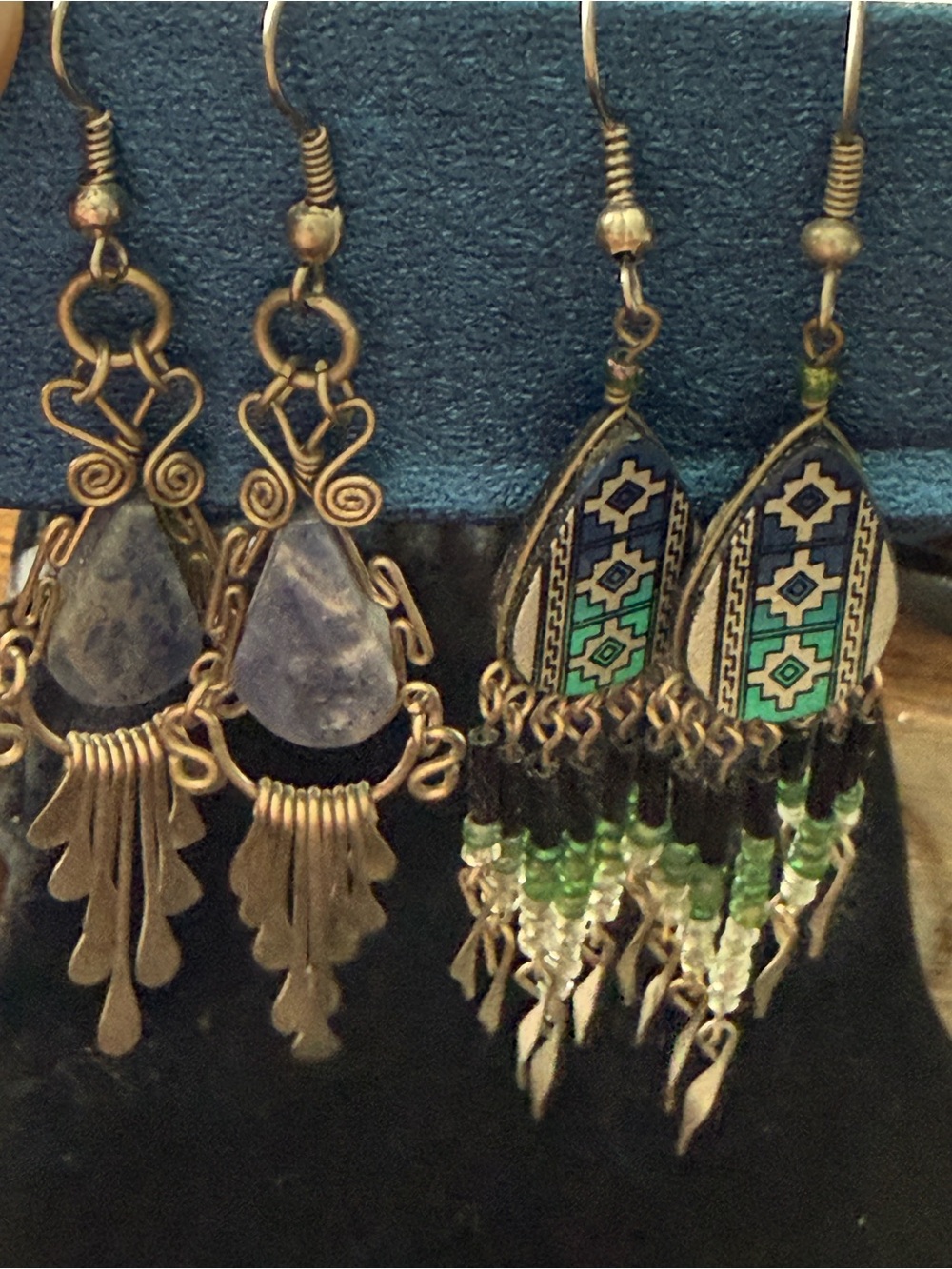 Bohemian Green and Blue Tribal Drop Earrings - Women's Jewelry two pair
